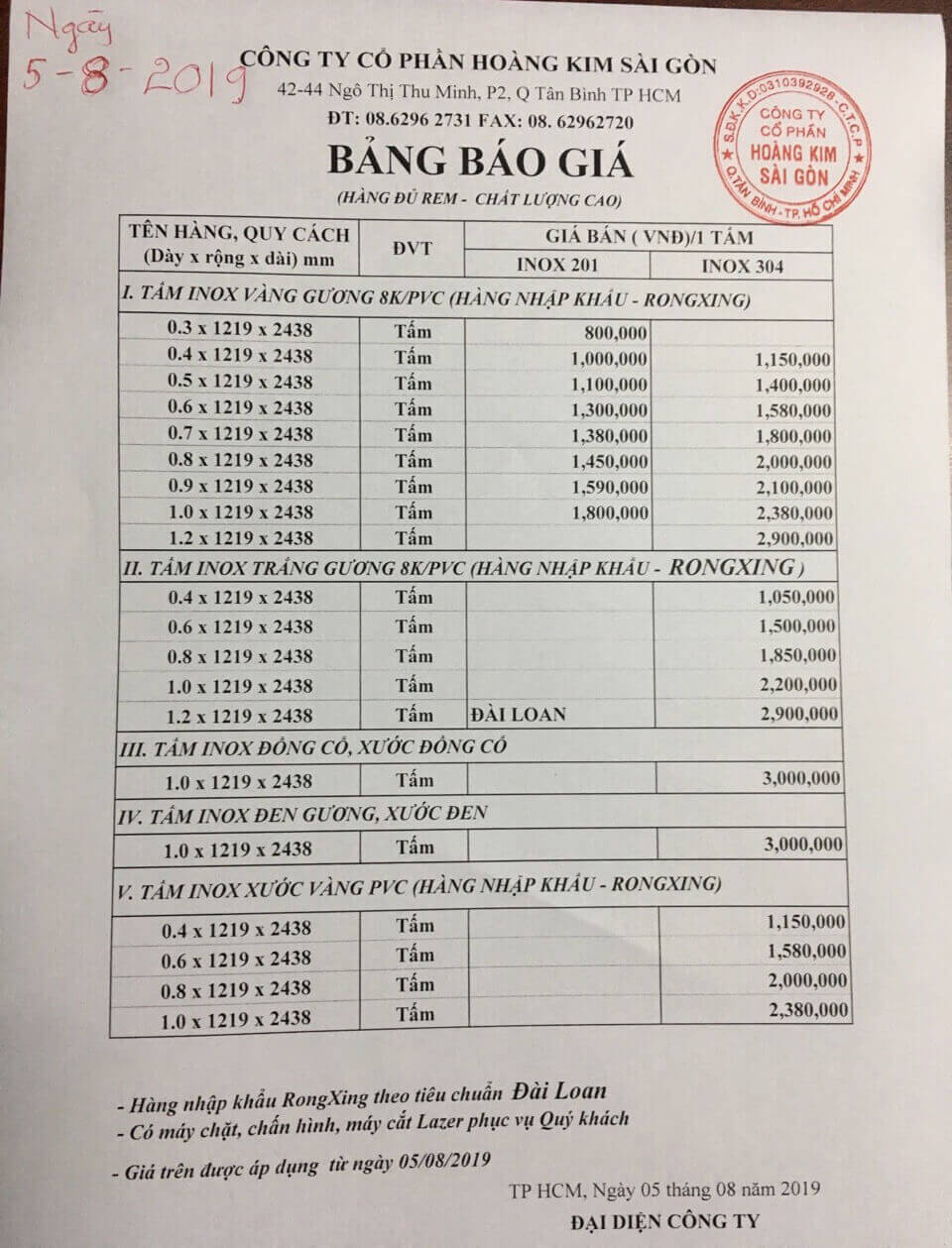 Bảng giá Inox màu Sài Gòn mới nhất năm 2019